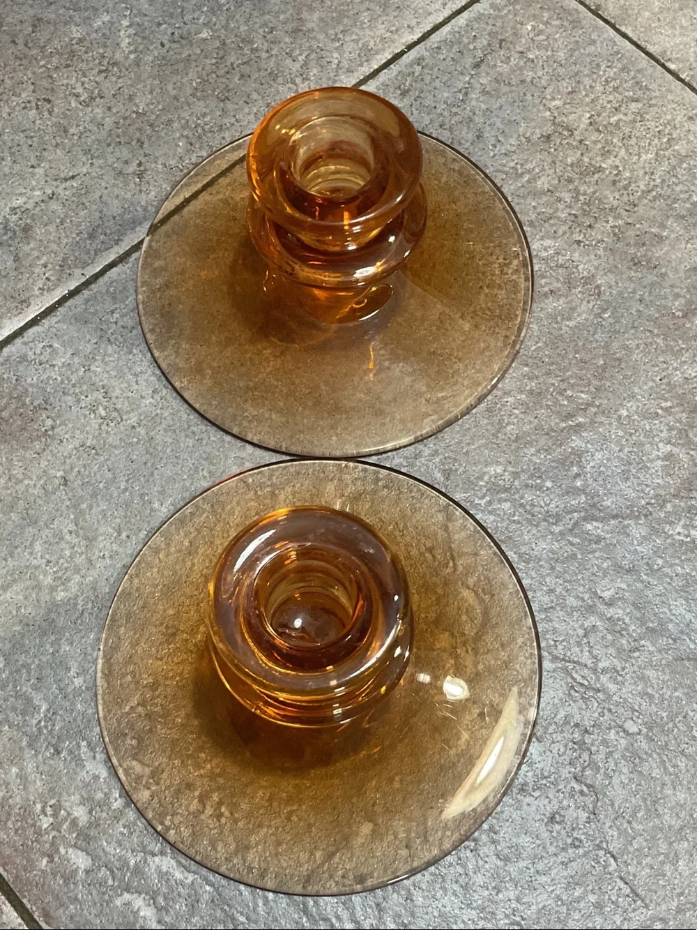 Pair of Amber Glass Candle Holders - Retro Amber Accent